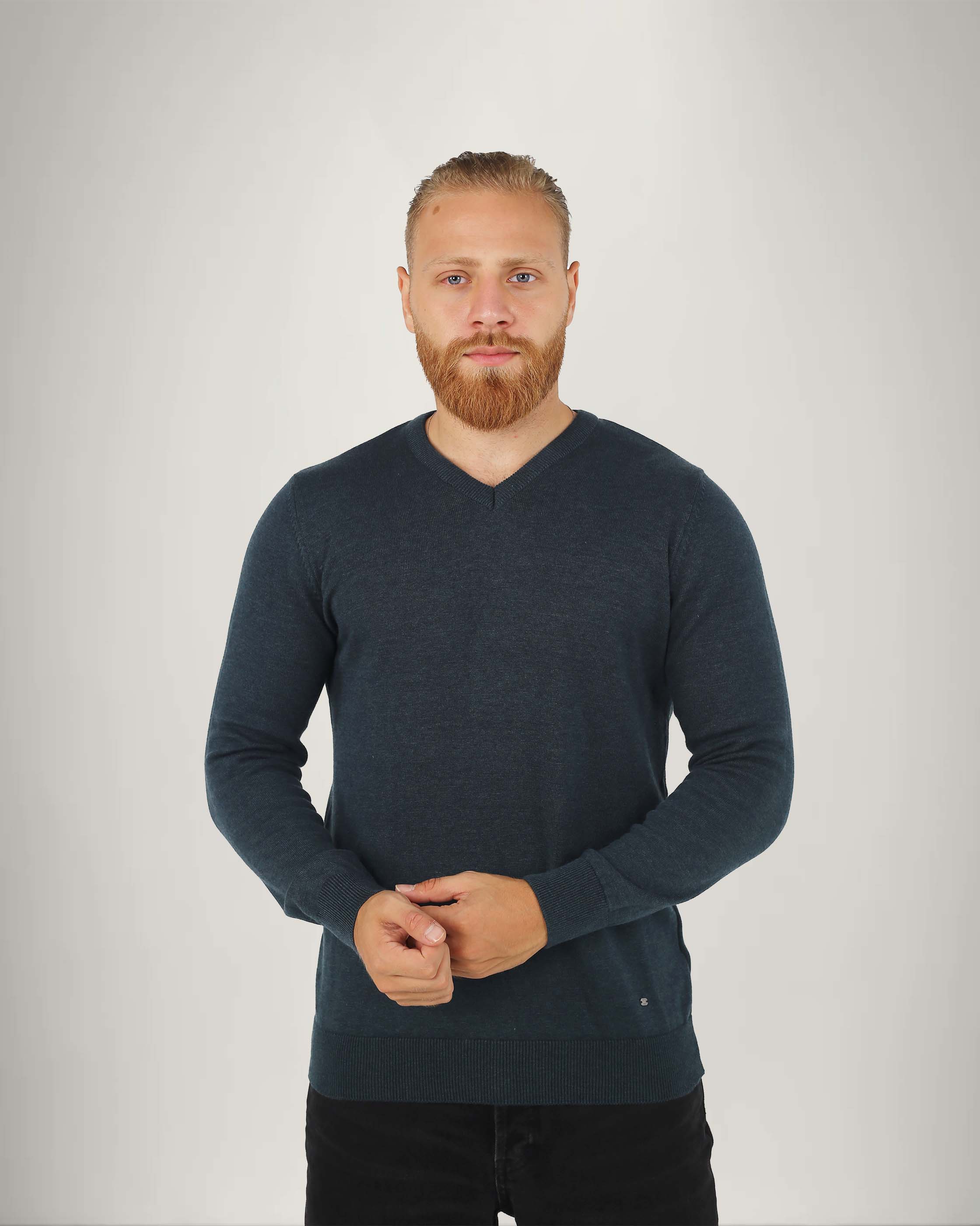 Long Sleeve Cotton Blend V Neck Sweater