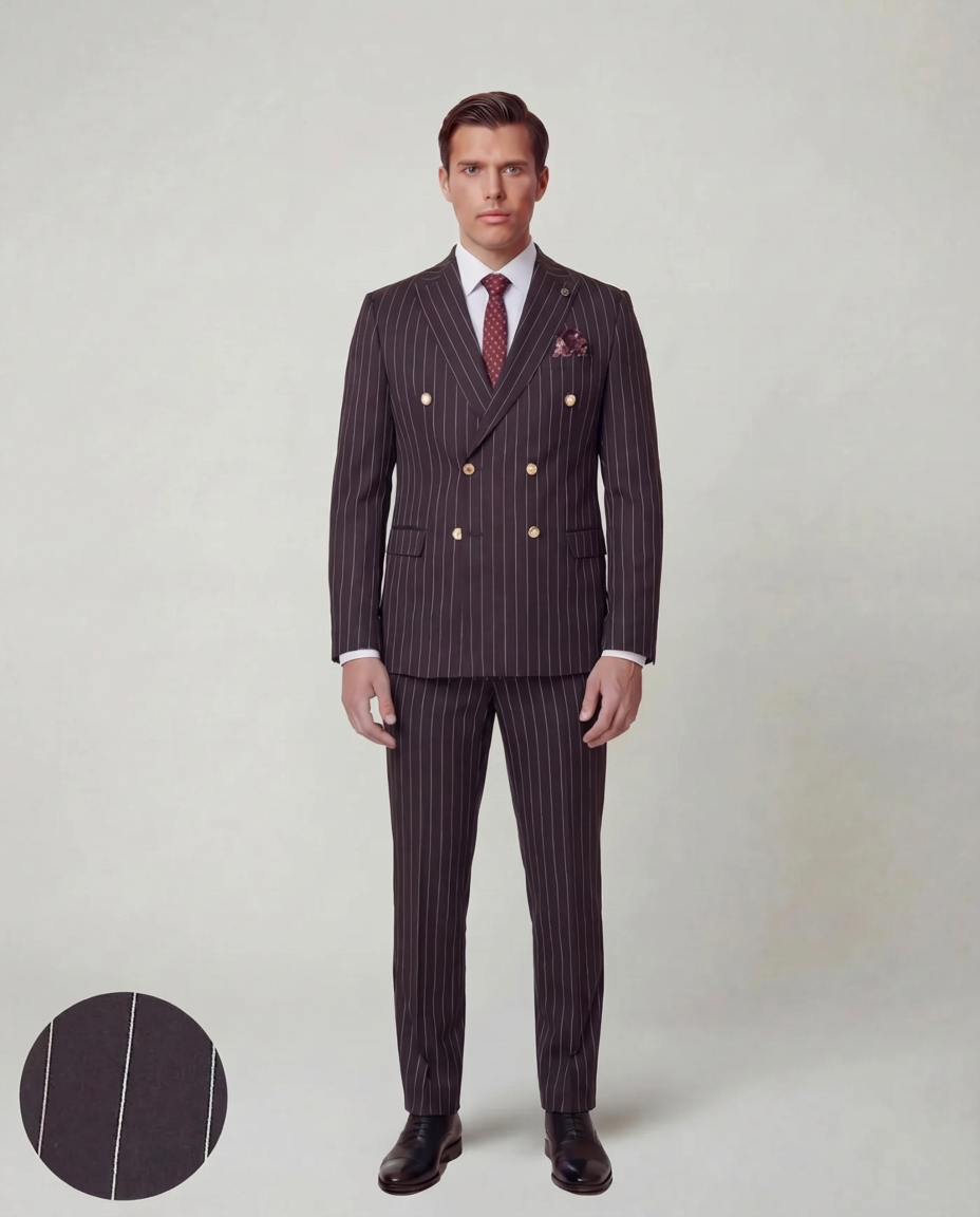 Red Wine Striped Double Breasted Suit