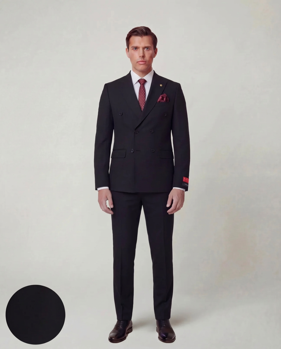 Black Solid Double Breasted Suit