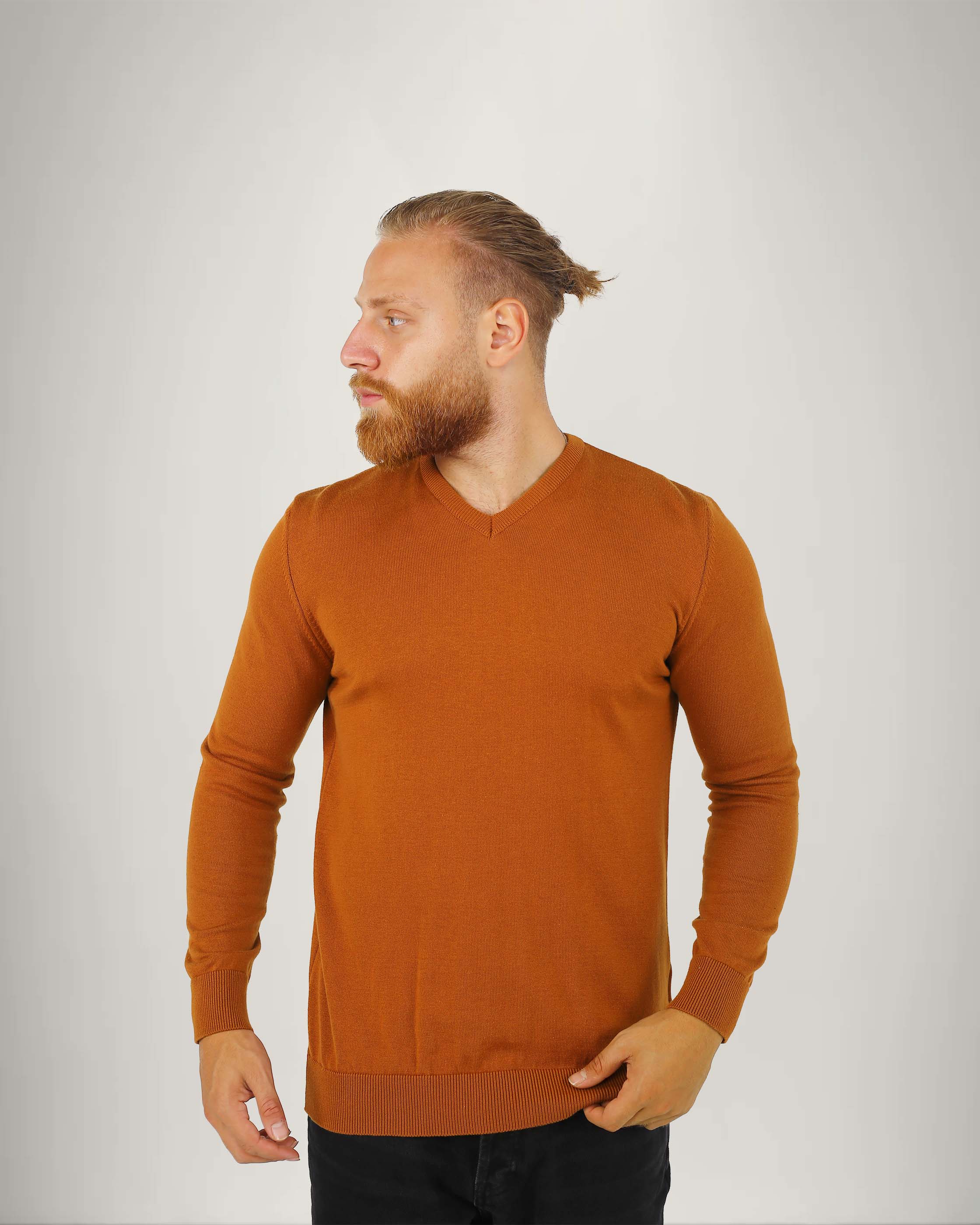 Long Sleeve Cotton Blend V Neck Sweater