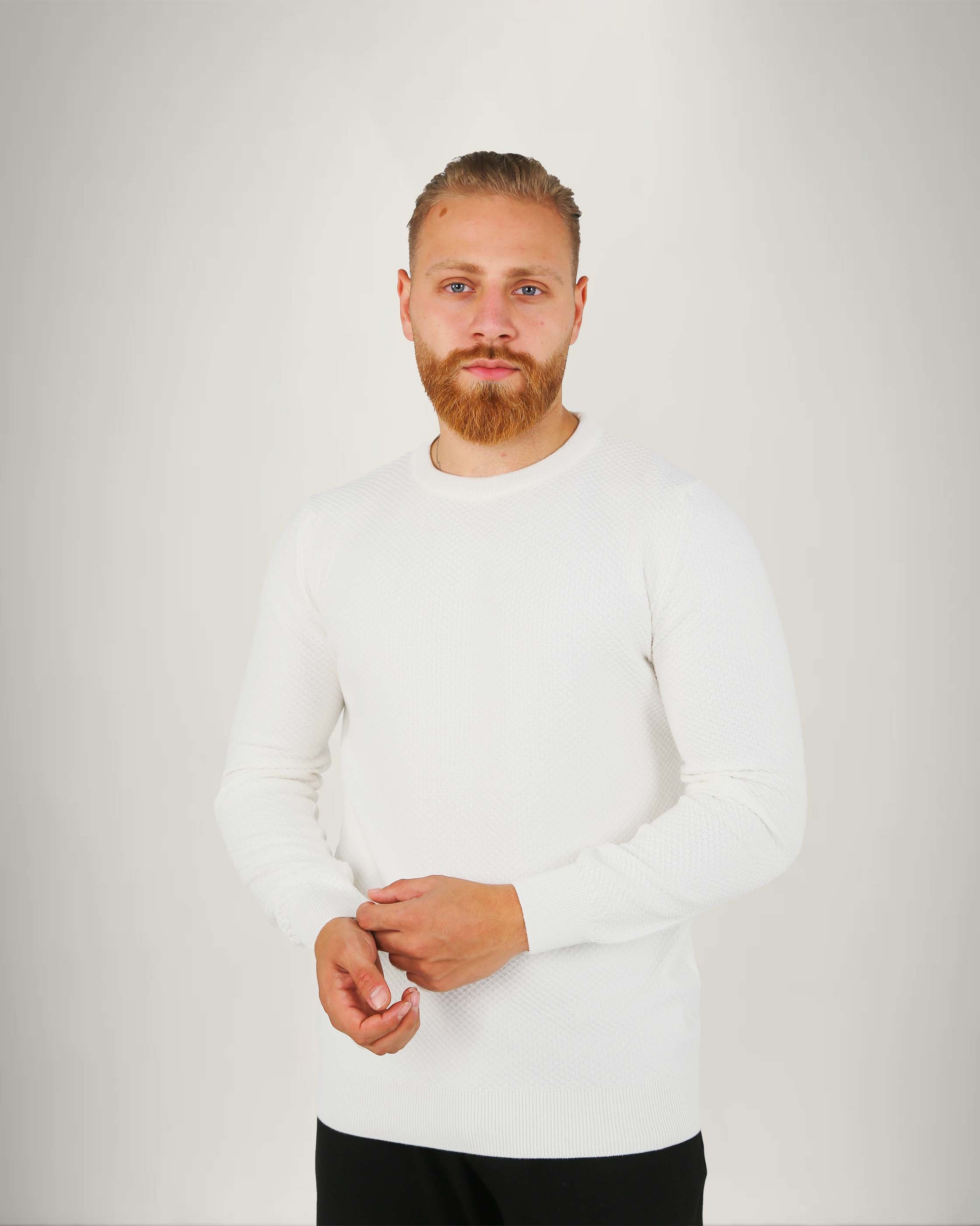 Long Sleeve Cotton Blend Textured Crew Neck Sweater