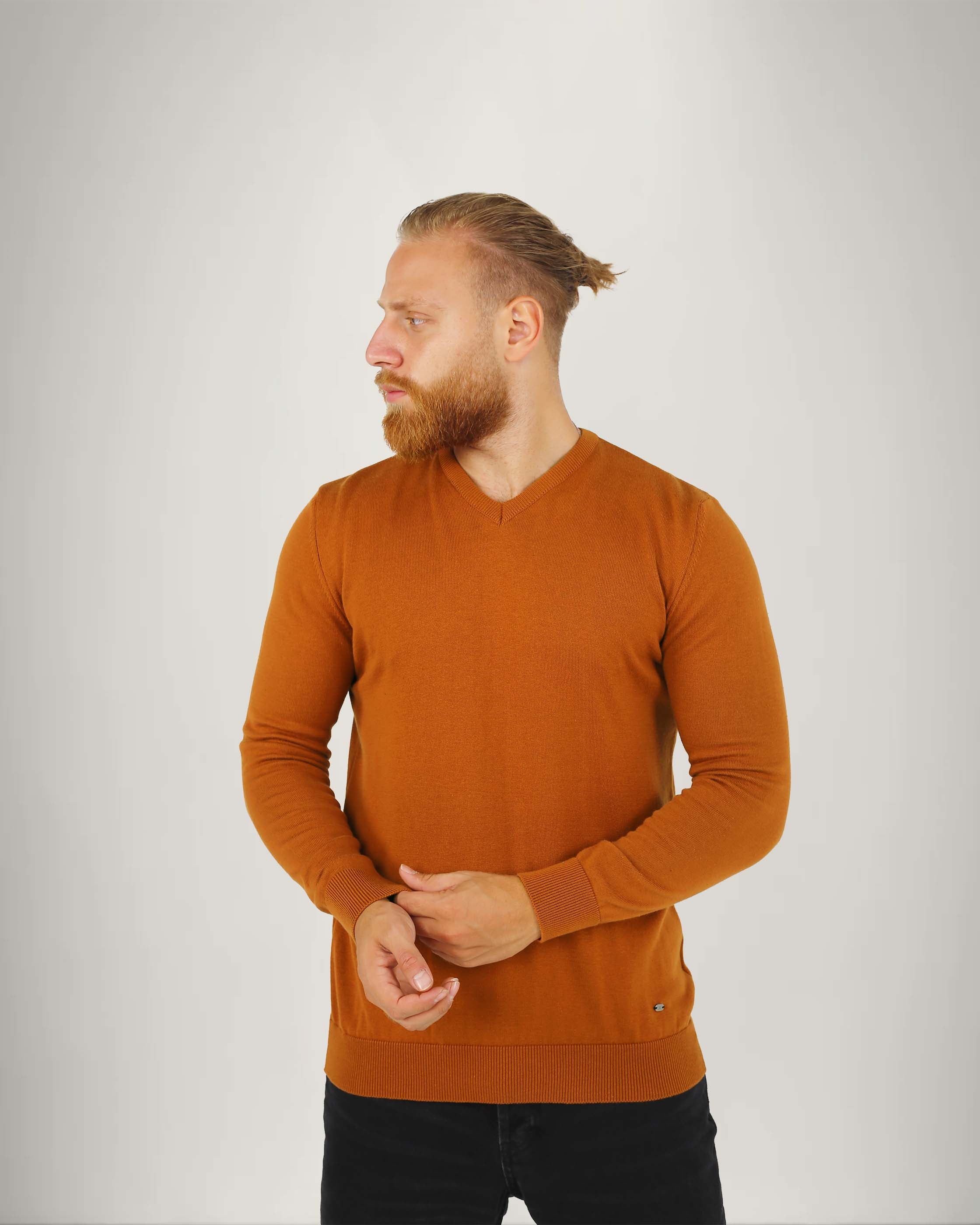 Long Sleeve Cotton Blend V Neck Sweater
