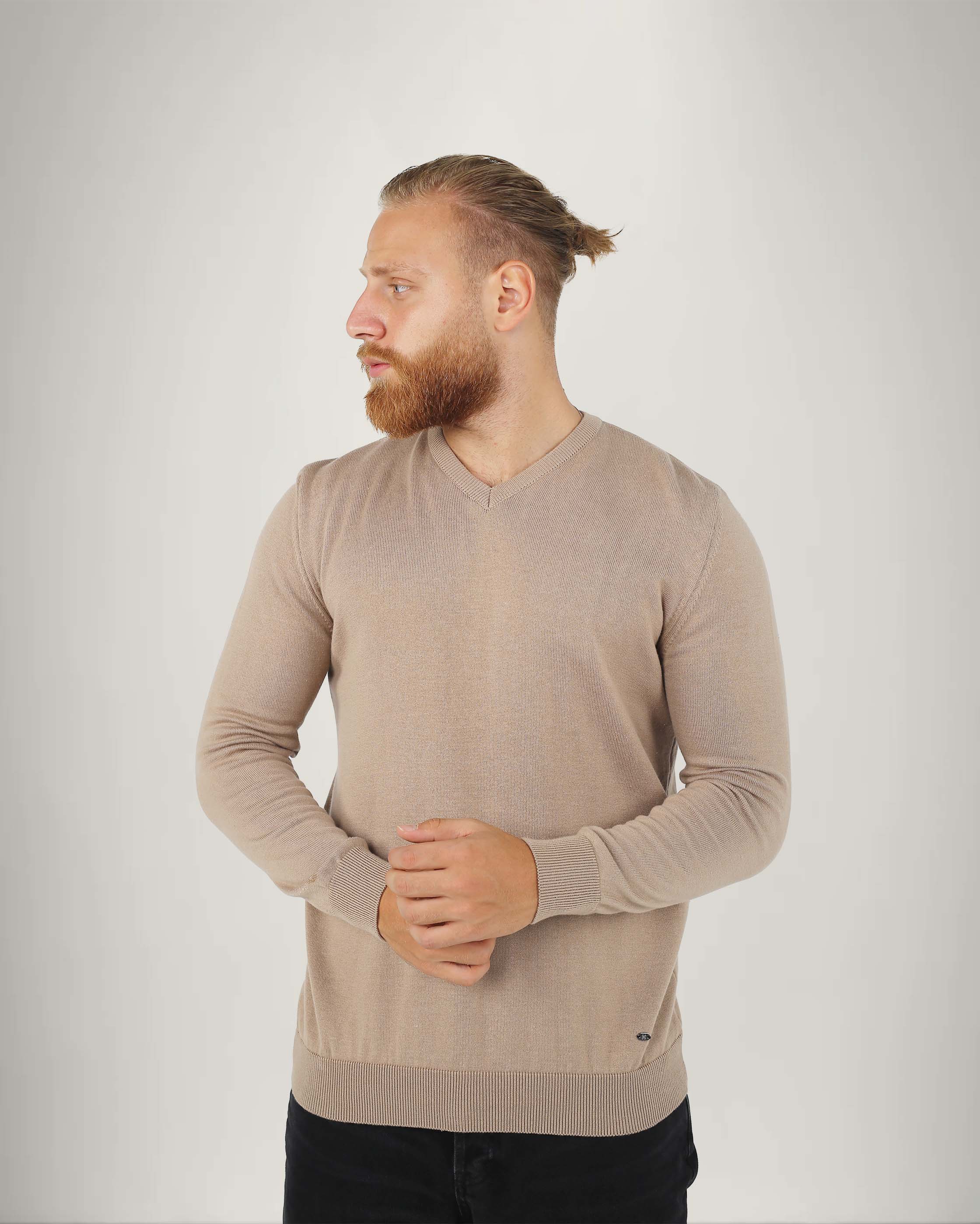 Long Sleeve Cotton Blend V Neck Sweater