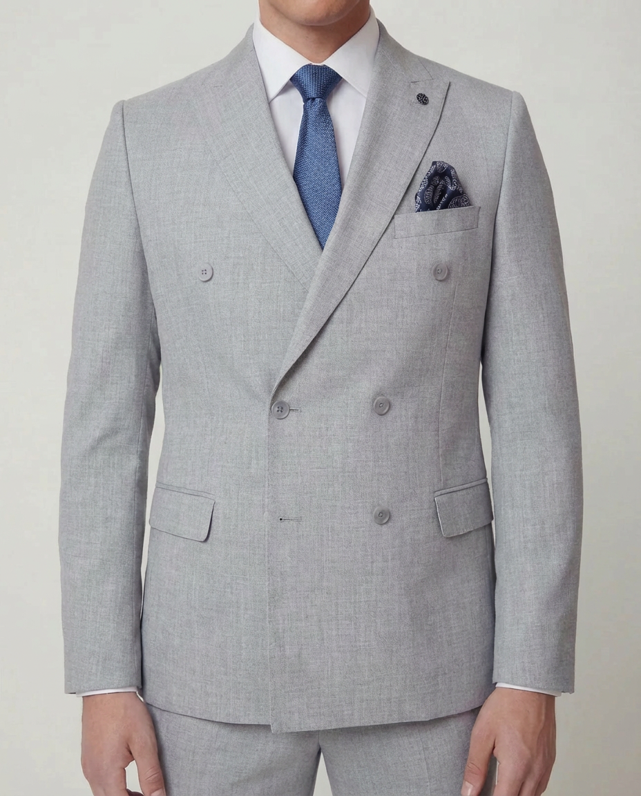 Grey Solid Double Breasted Suit