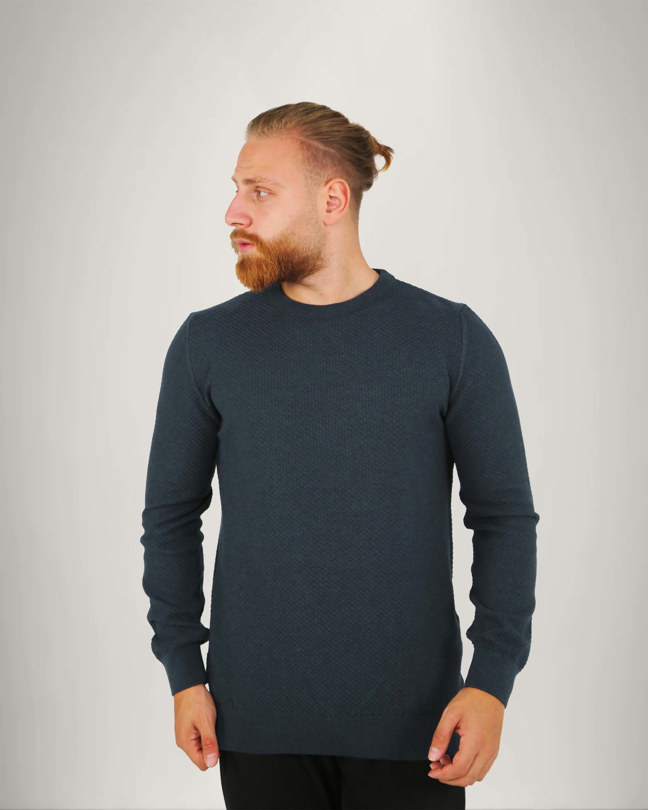 Long Sleeve Cotton Blend Textured Crew Neck Sweater