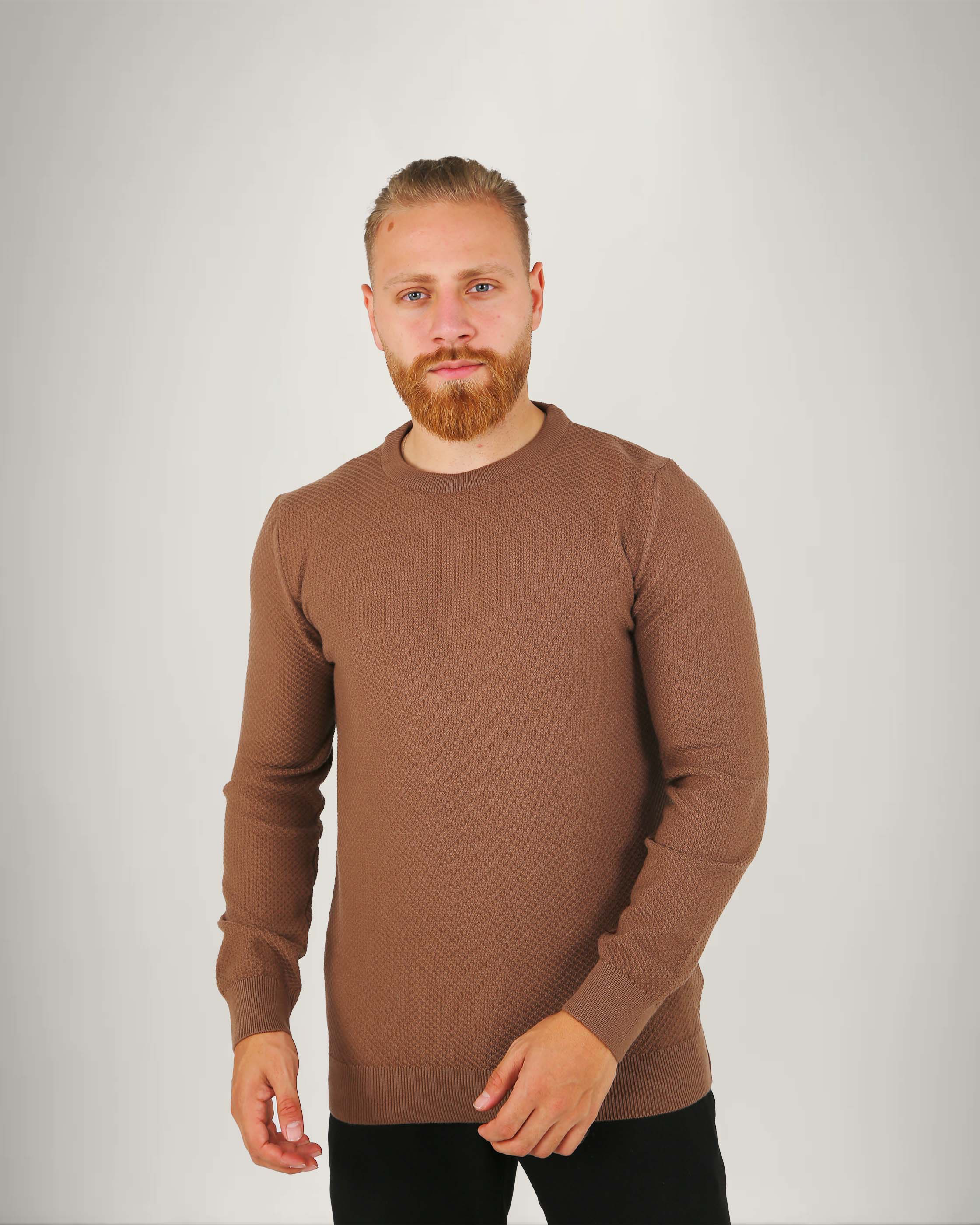 Long Sleeve Cotton Blend Textured Crew Neck Sweater