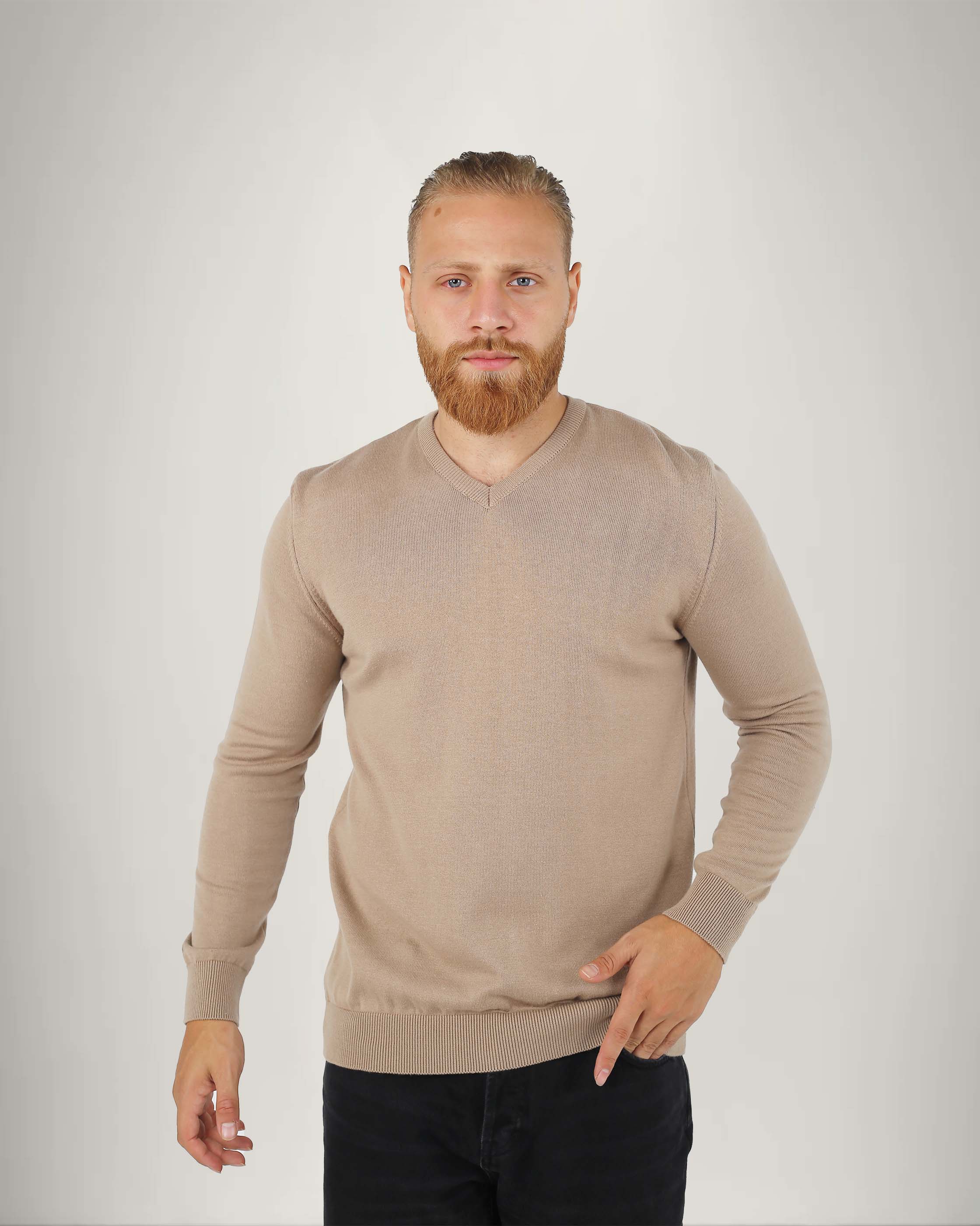 Long Sleeve Cotton Blend V Neck Sweater