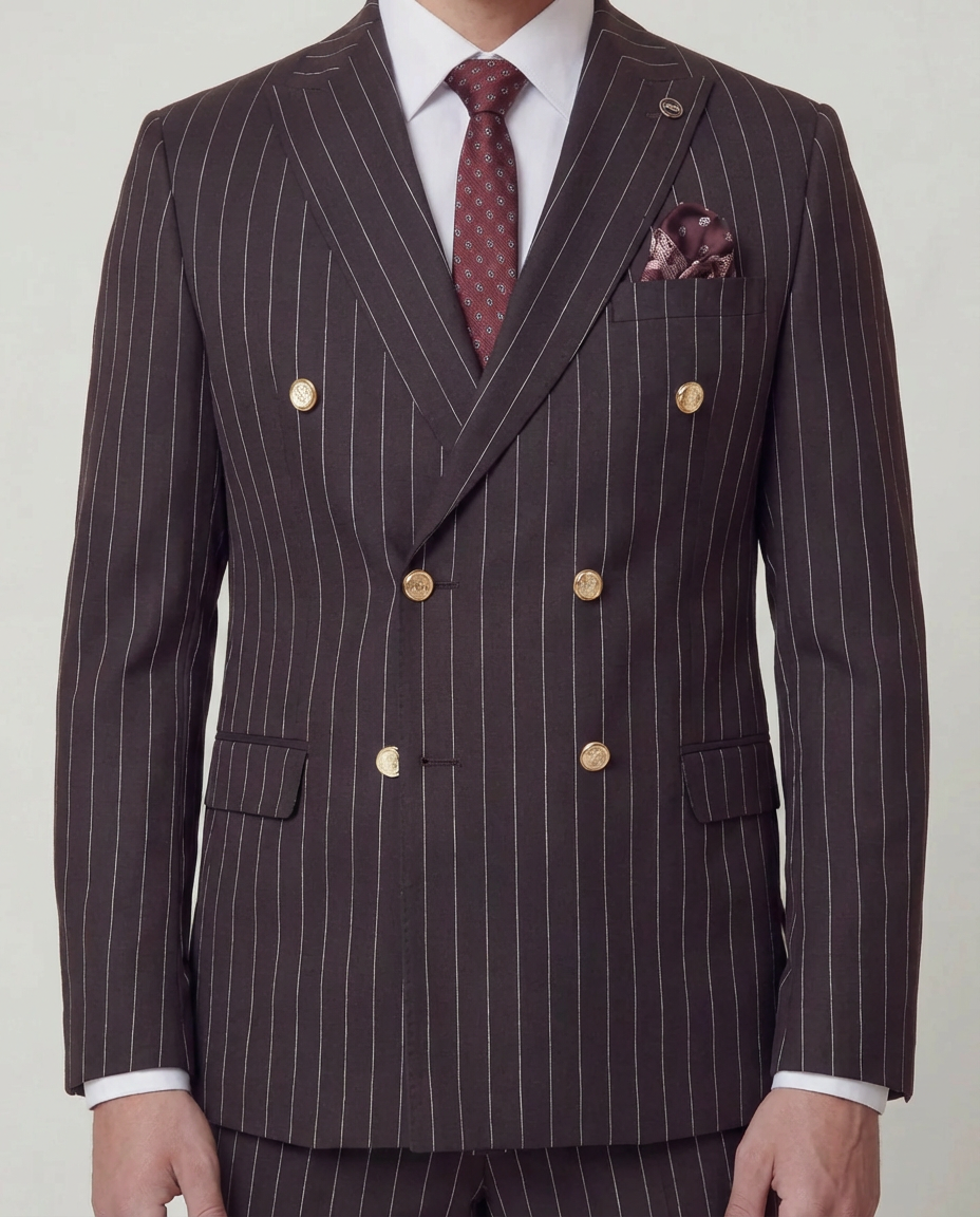 Red Wine Striped Double Breasted Suit