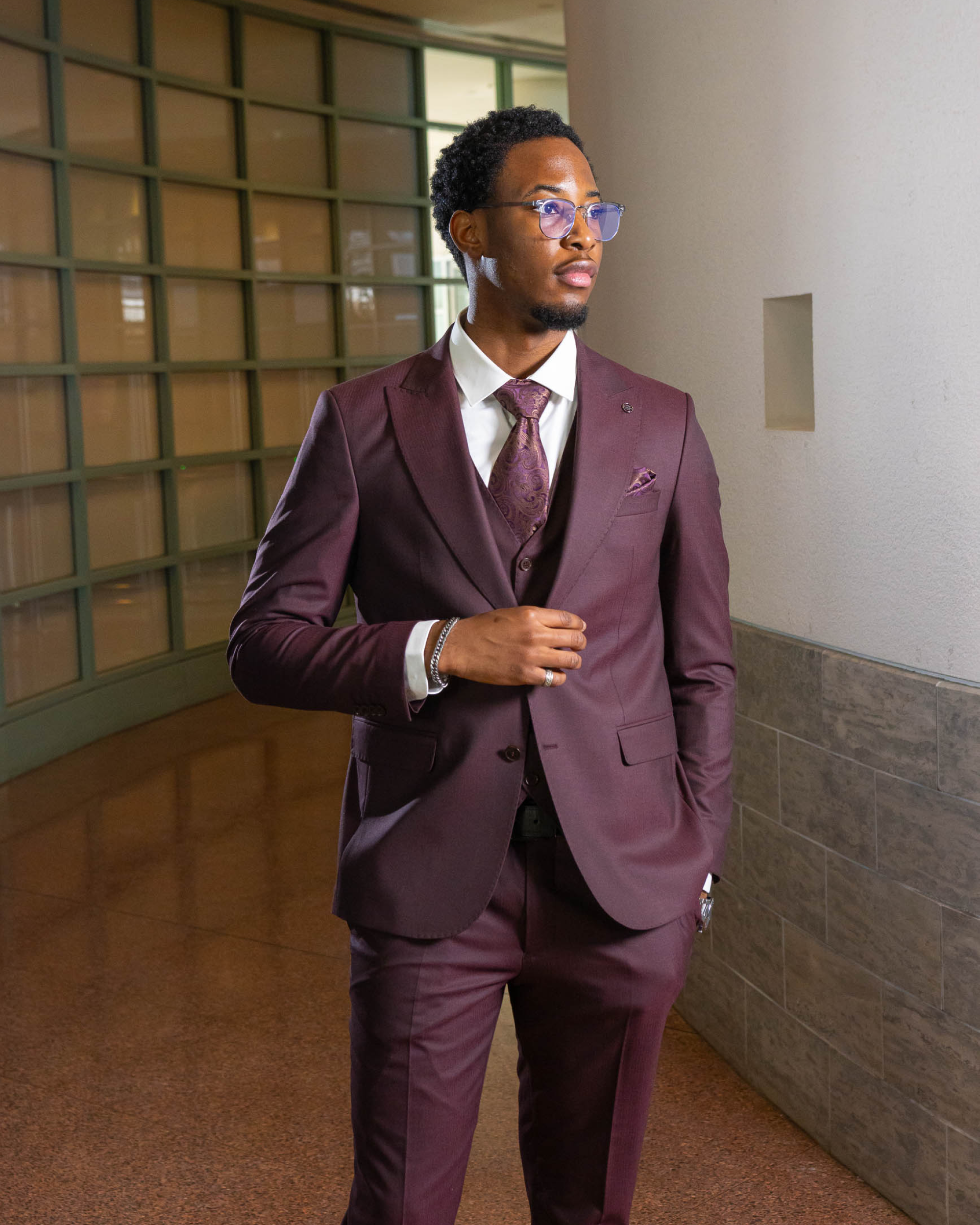 Burgendy Herringbone Textured Suit