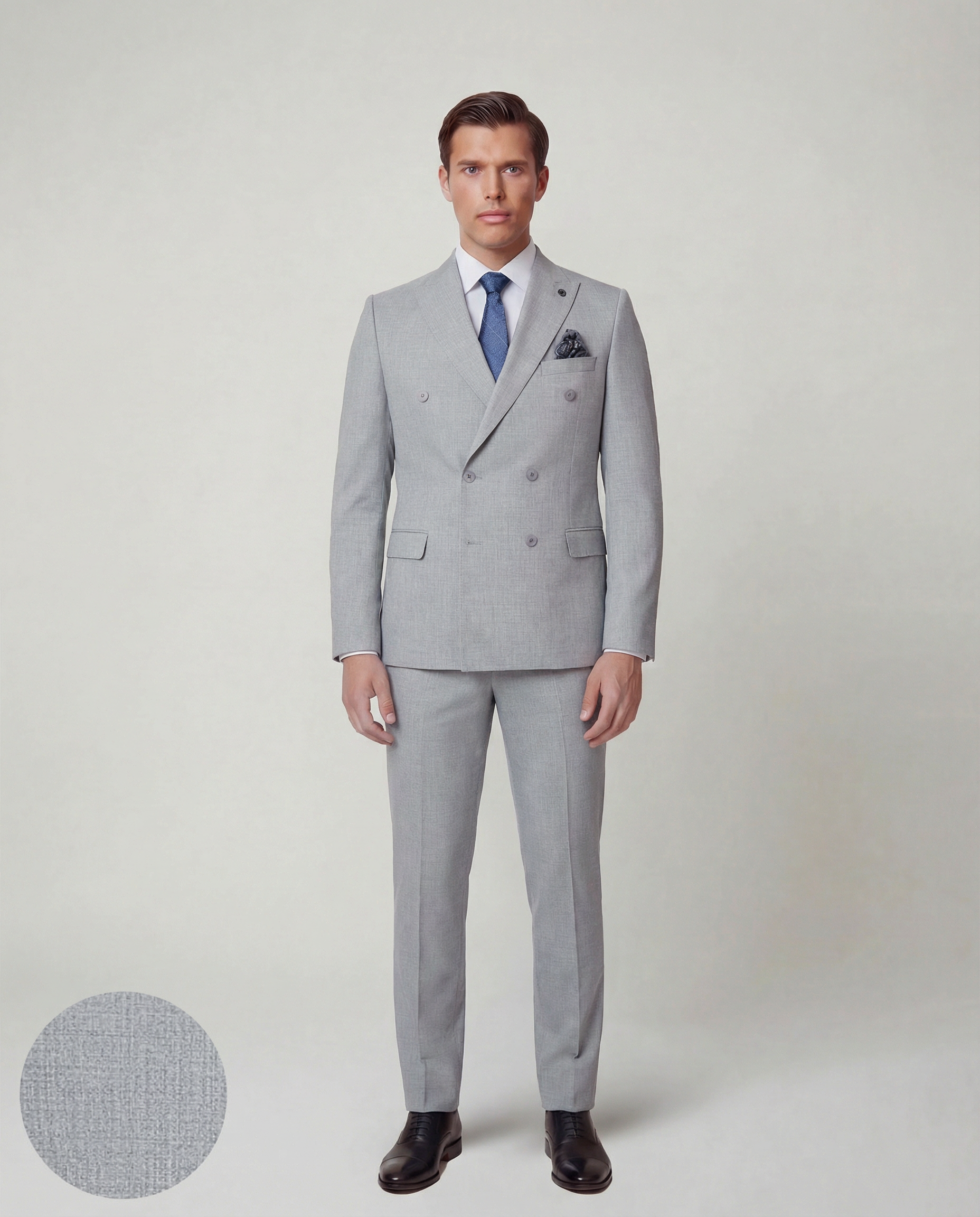 Grey Solid Double Breasted Suit